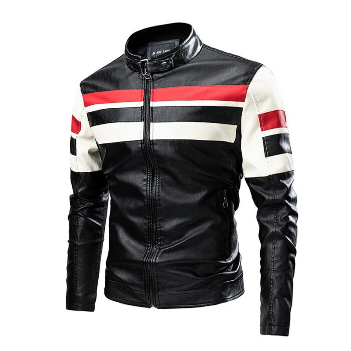 Motorcycle Stitching Leather Jacket Men Stand Collar Retro Vegan Leather - Image 7