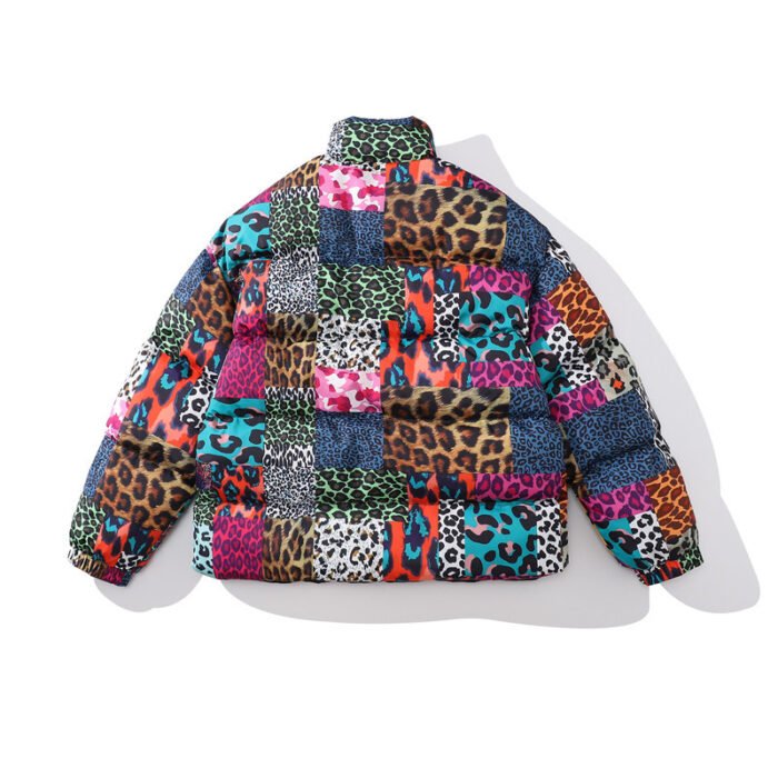 Men’s Leopard Print Contrast Patchwork Stand Collar Padded Jacket - Image 9