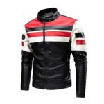 Motorcycle Stitching Leather Jacket Men Stand Collar Retro Vegan Leather