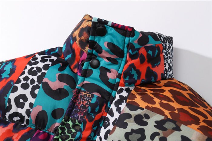 Men’s Leopard Print Contrast Patchwork Stand Collar Padded Jacket - Image 5