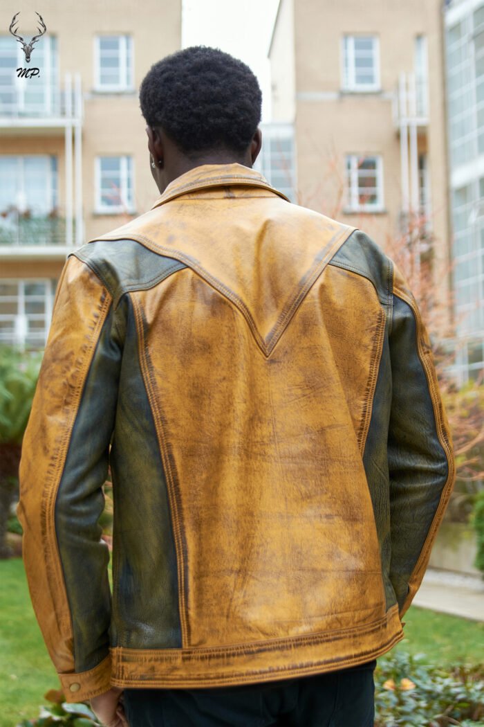 Gold Rush Weekend Warrior Two Tune Premium Yellow Gold Black Distressed Full Grain Leather Jacket - Image 4