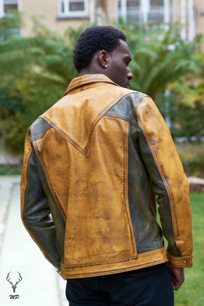 Gold Rush Weekend Warrior Two Tune Premium Yellow Gold Black Distressed Full Grain Leather Jacket - Image 5