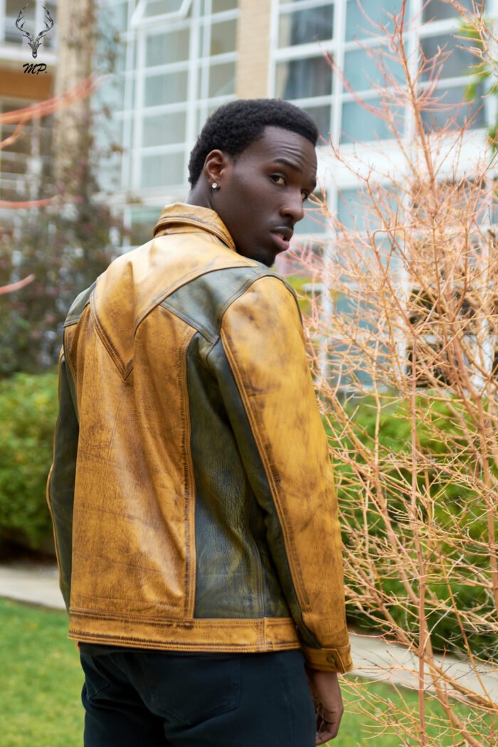 Gold Rush Weekend Warrior Two Tune Premium Yellow Gold Black Distressed Full Grain Leather Jacket - Image 6