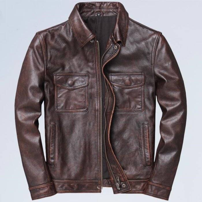 Lapel Motorcycle Leather Men’s Casual Retro Leather Jacket Coat - Image 5