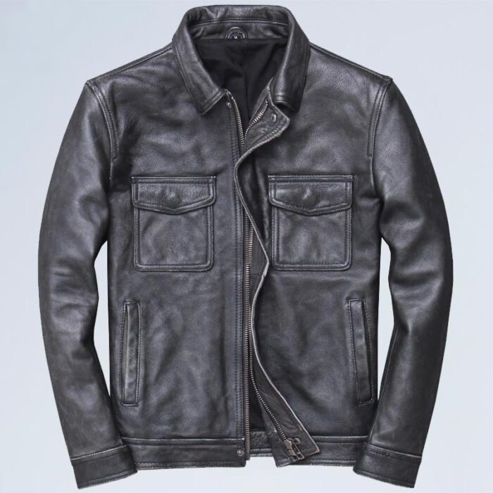 Lapel Motorcycle Leather Men’s Casual Retro Leather Jacket Coat - Image 4